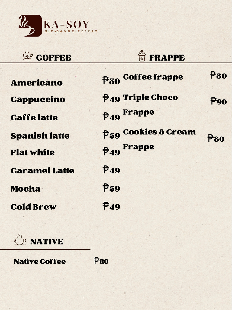 Coffee Menu: Espresso & Frappe Varieties | PDF