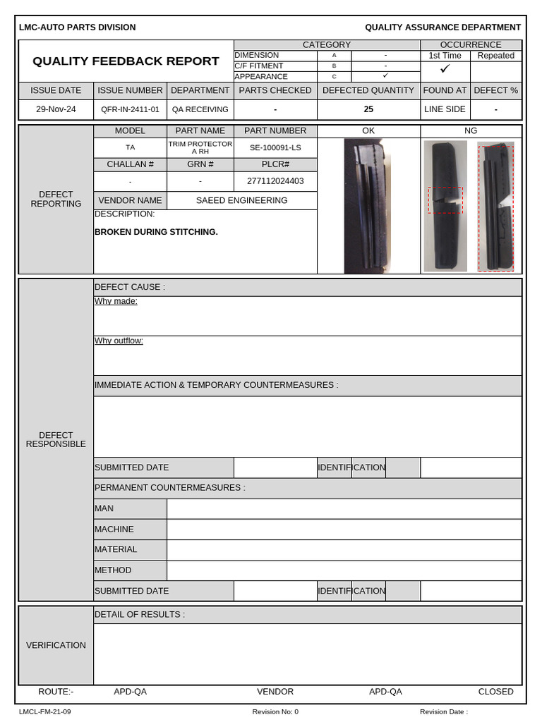 Quality Feedback Report QFR-In-2411-01 | PDF
