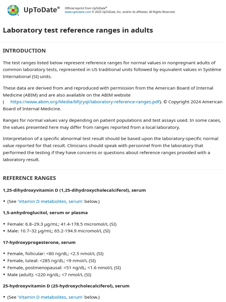 Laboratory Test Reference Ranges in Adults - UpToDate | PDF | White ...