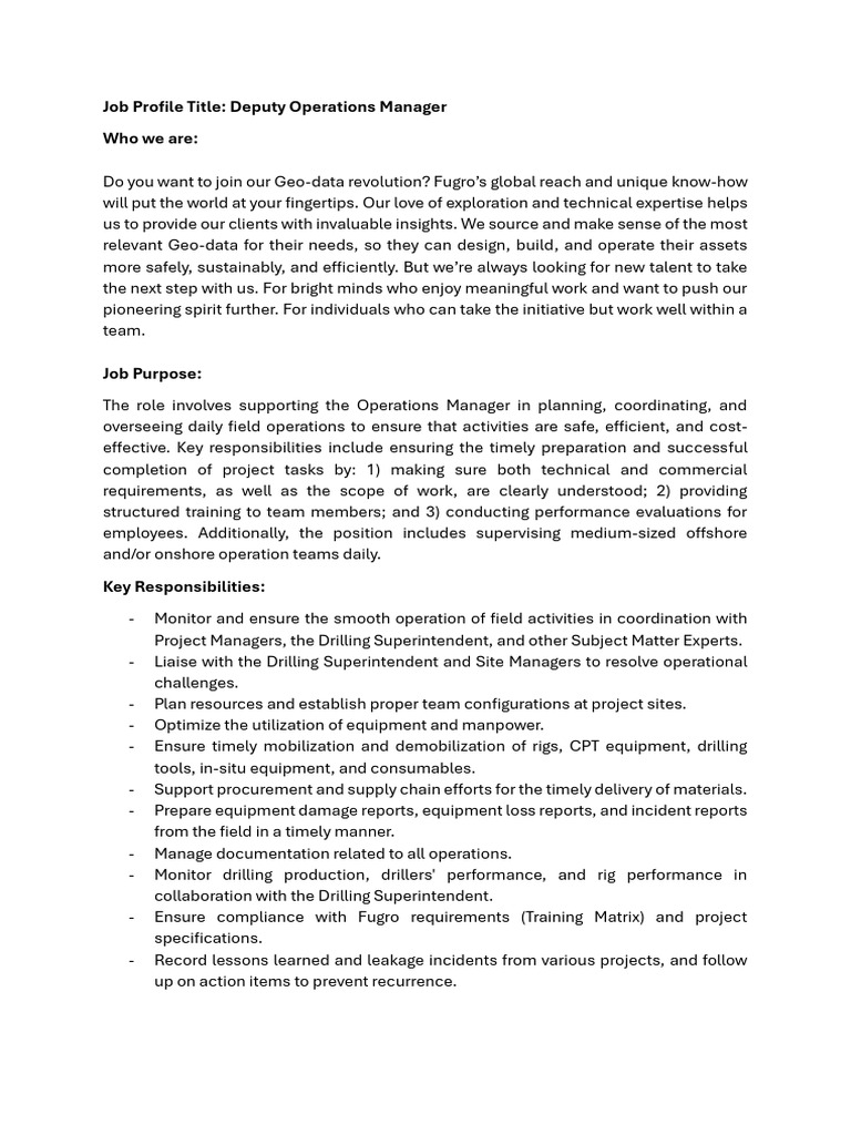 JD - Deputy Operations Manager | PDF | Business | Social Psychology