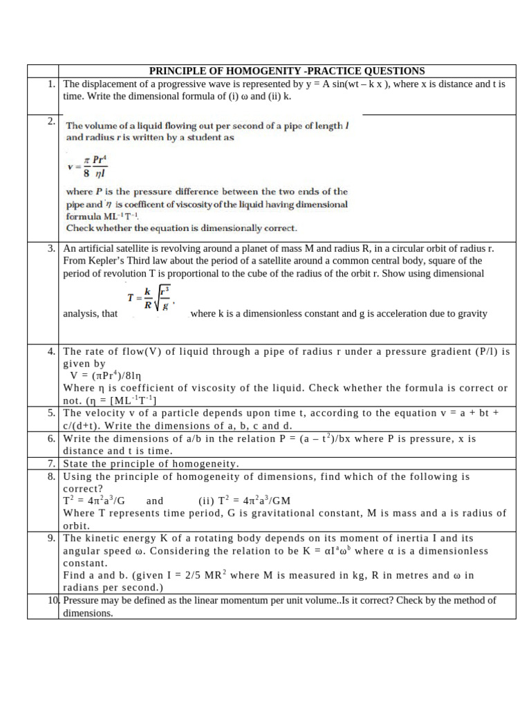 Principle of Homogeneity Practice Questions | PDF | Velocity | Orbit