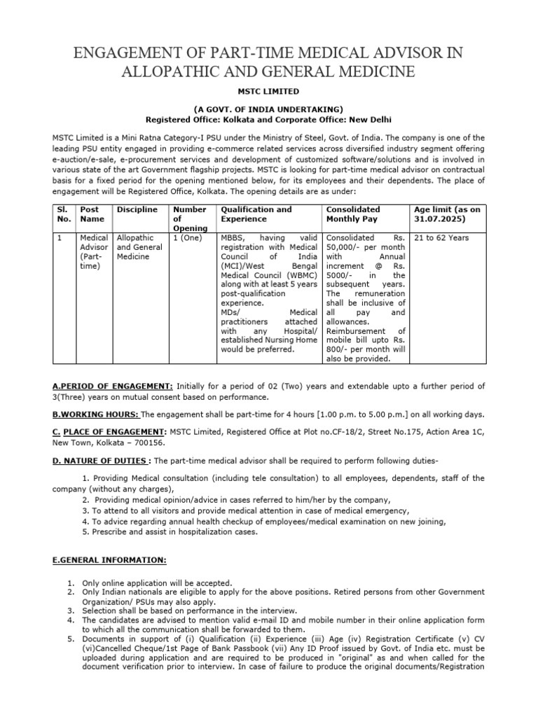 Part-Time Medical Advisor Position at MSTC | PDF
