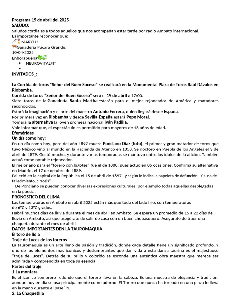 Corrida de Toros en Riobamba 2025 | PDF | Toreo | Ropa