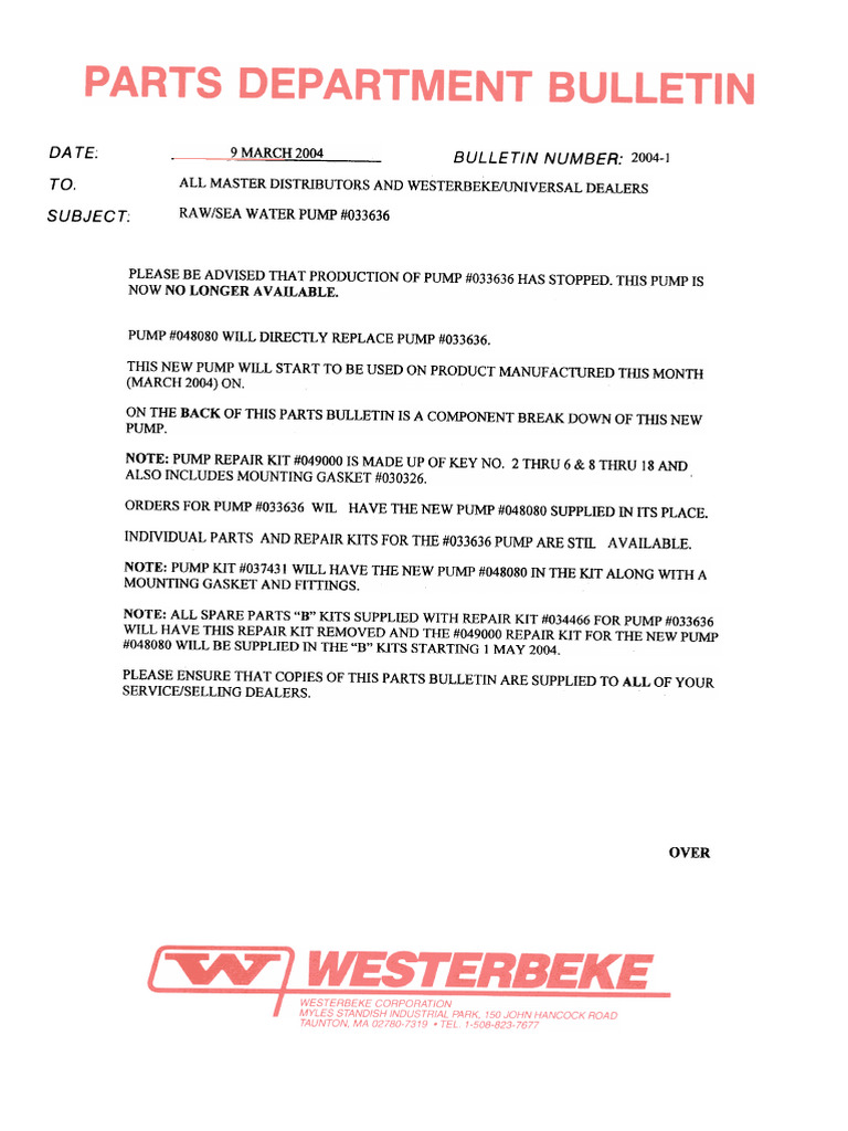 Parts Bulletin 2004-1 Sea Water Pump 033636 | PDF