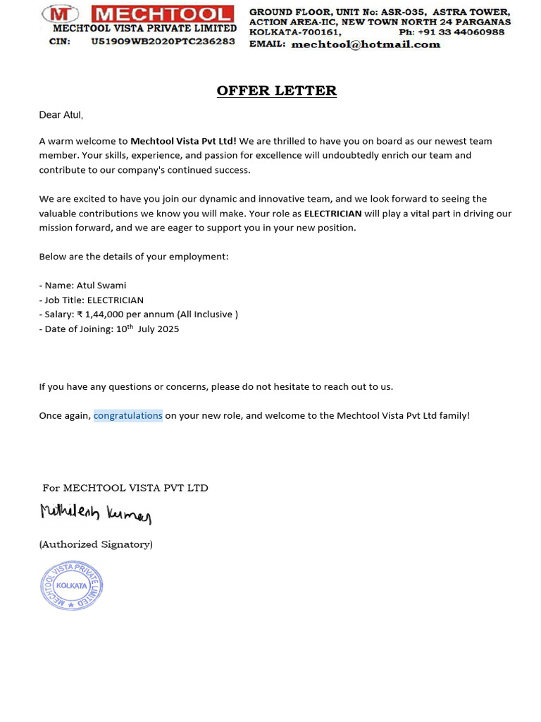 Offer Letter for Electrician Position | PDF