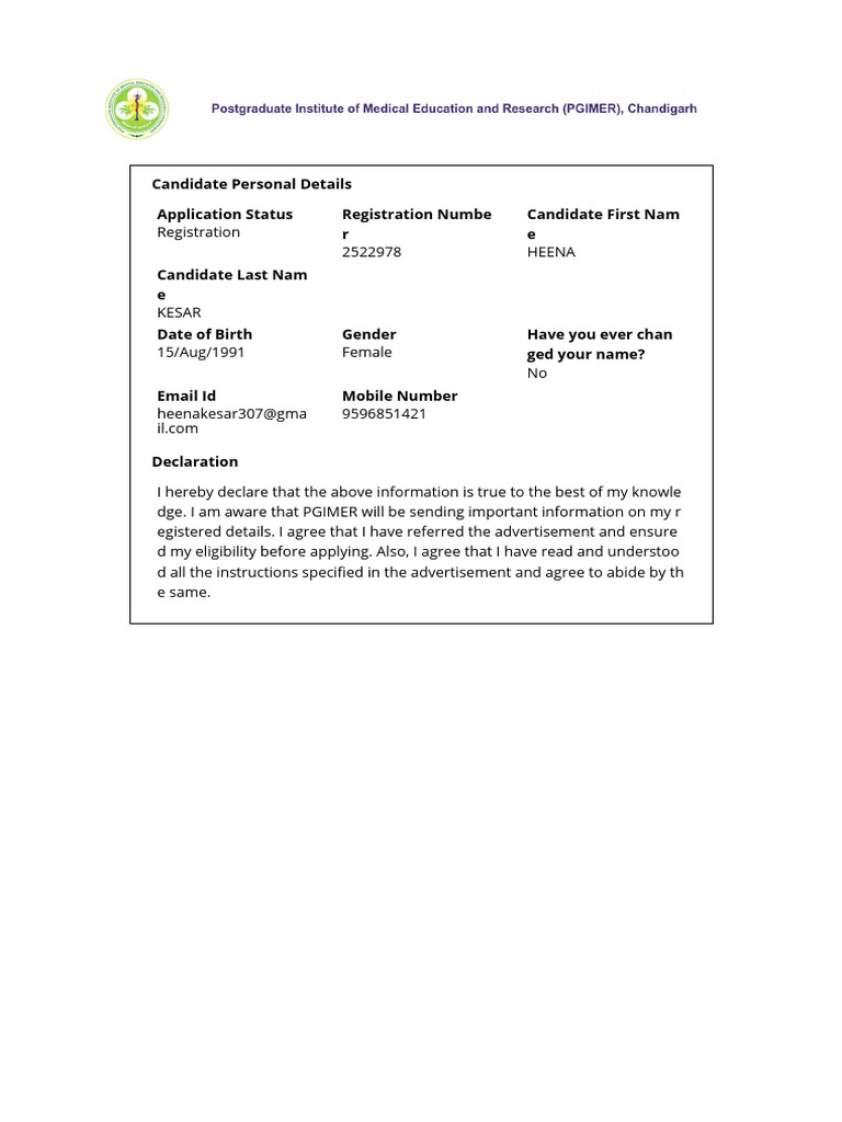 PGIMER Registration Form | PDF