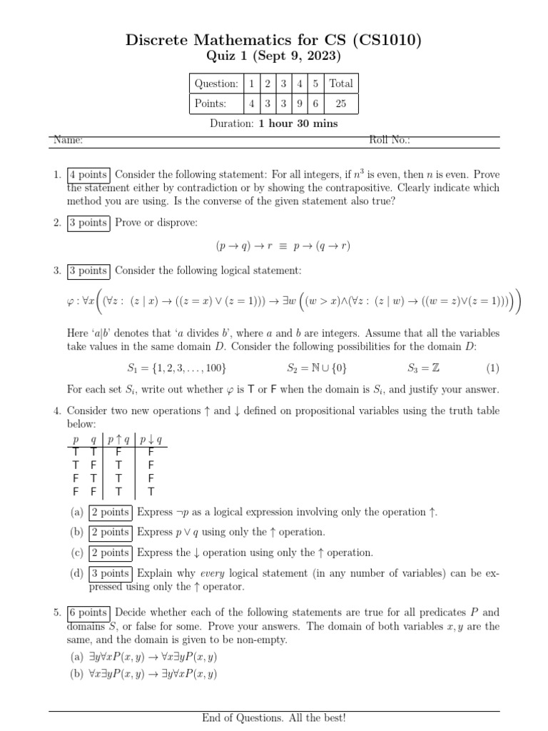 CS1010 Discrete Math Quiz 1 Details | PDF