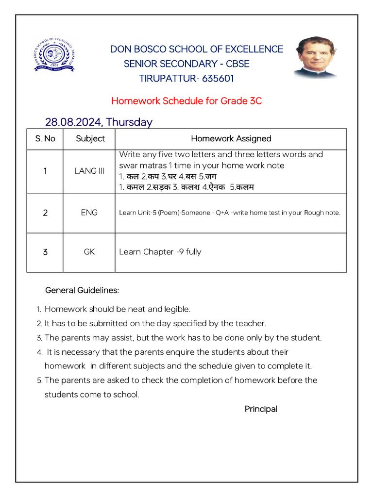 3-C Homework schedule -Thursday-1 | PDF