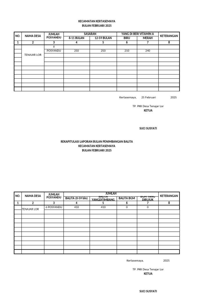 Format Rekap Vit A Tenajar Lor Februari 2025 | PDF