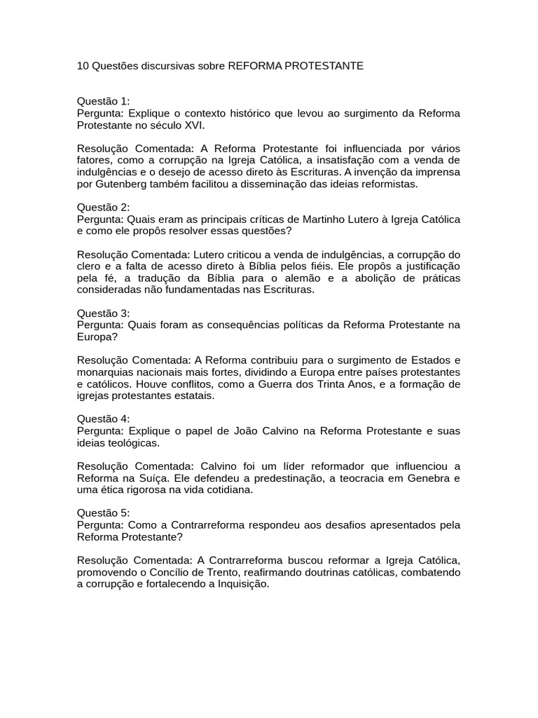 10 Questões Discursivas Sobre REFORMA PROTESTANTE | PDF ...