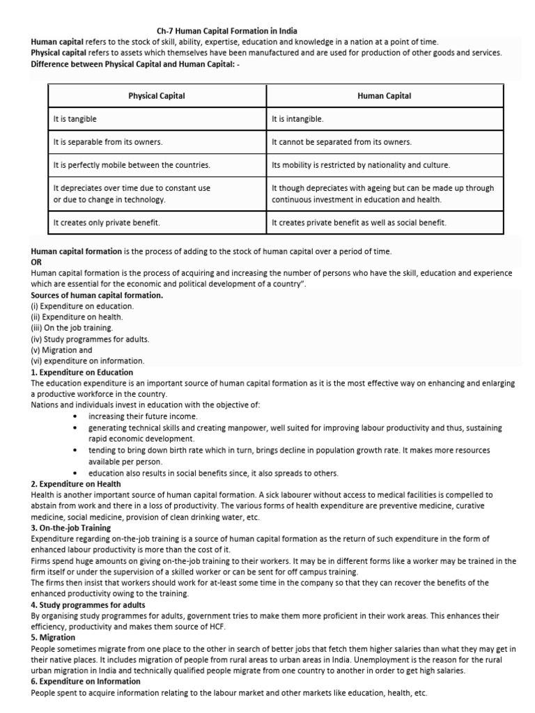 Human Capital Formation in India Explained | PDF | Cost Of Living ...