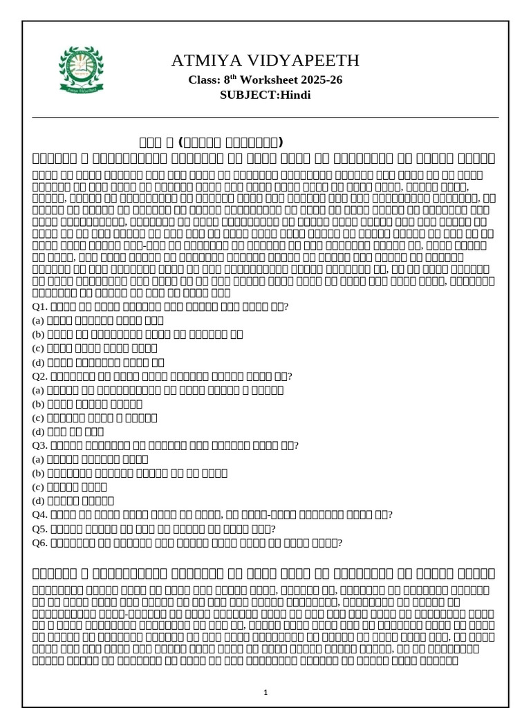 Class 8d Hindi Worksheet 1 | PDF
