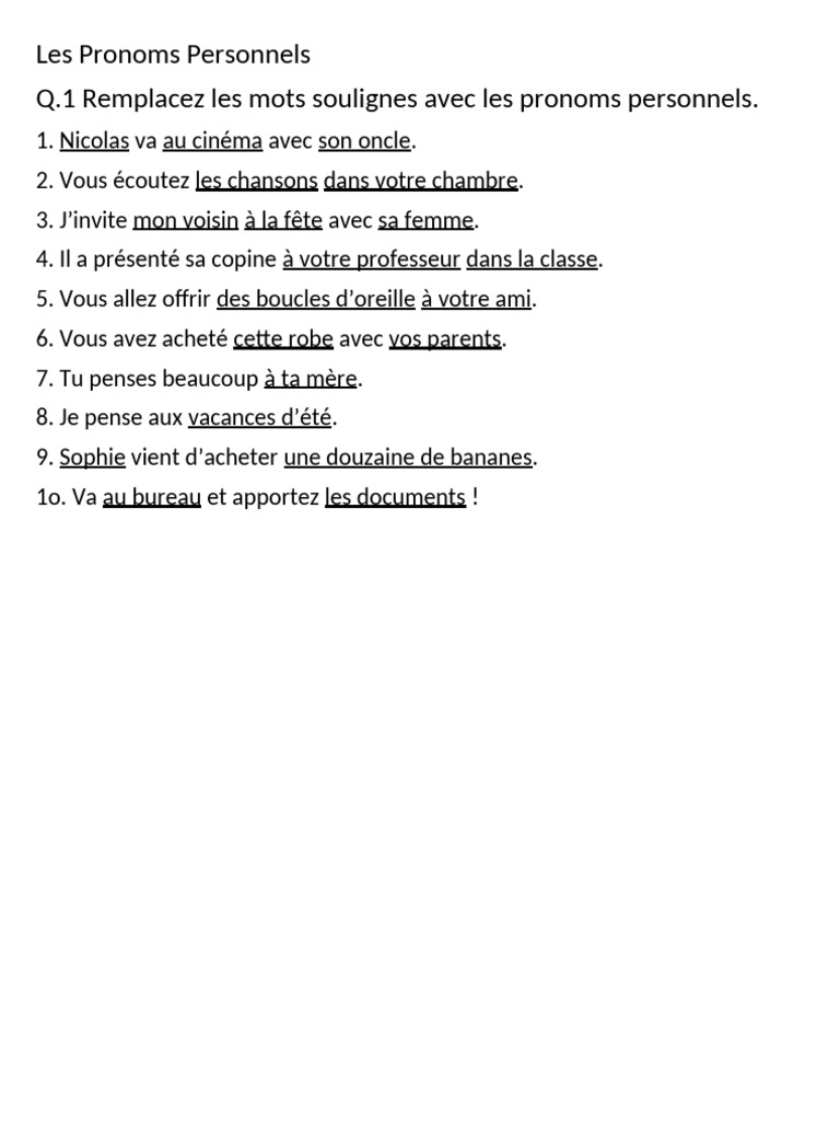 Exercices sur les Pronoms Personnels | PDF