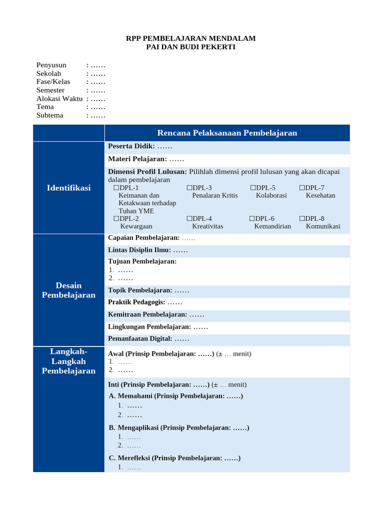 Template RPP Pembelajaran Mendalam | PDF
