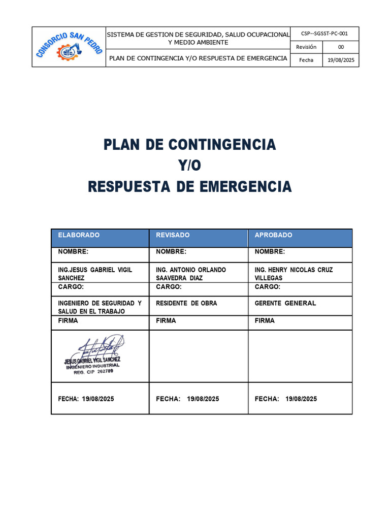 Plan de Contingencia y Emergencia | PDF | Seguridad y salud ocupacional ...