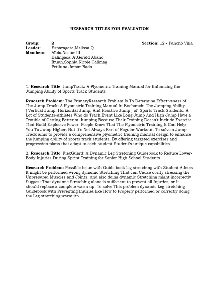 Research Titles For Evaluation Template | PDF | Physical Fitness