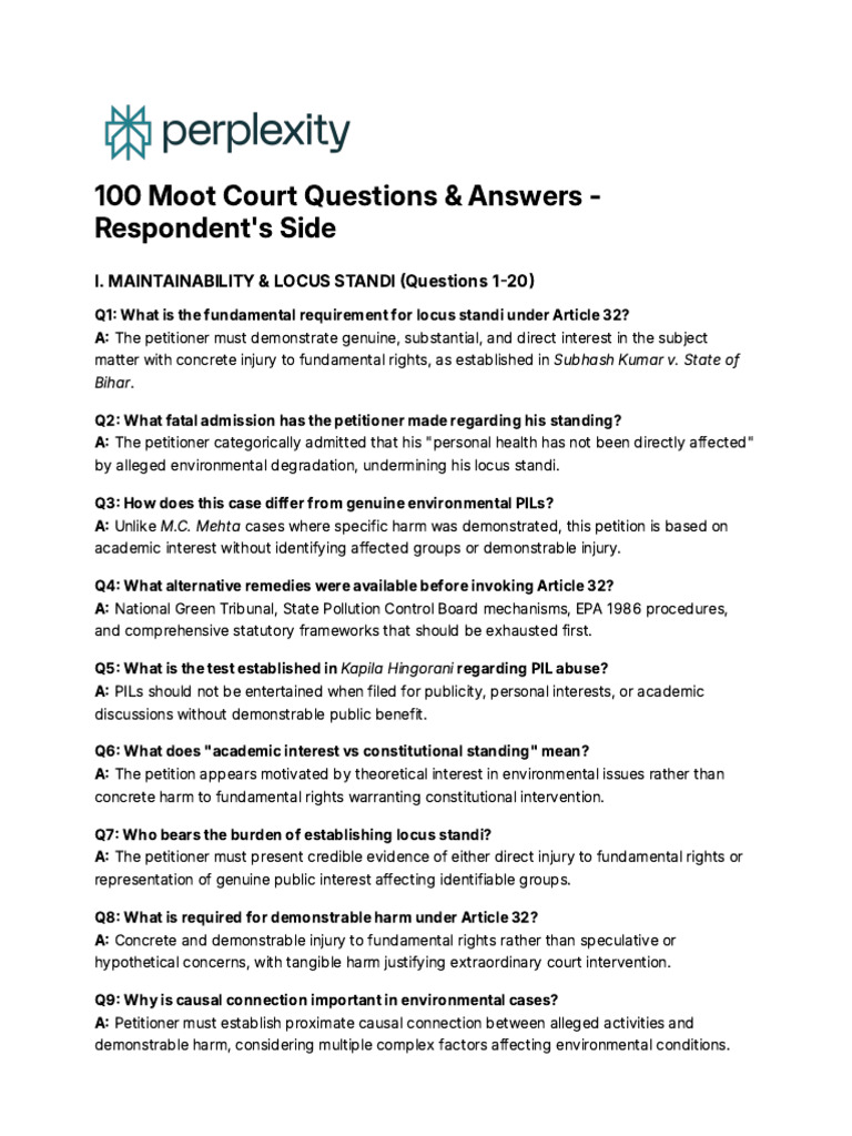 Moot Court Questions on Locus Standi | PDF | Environmental Impact ...
