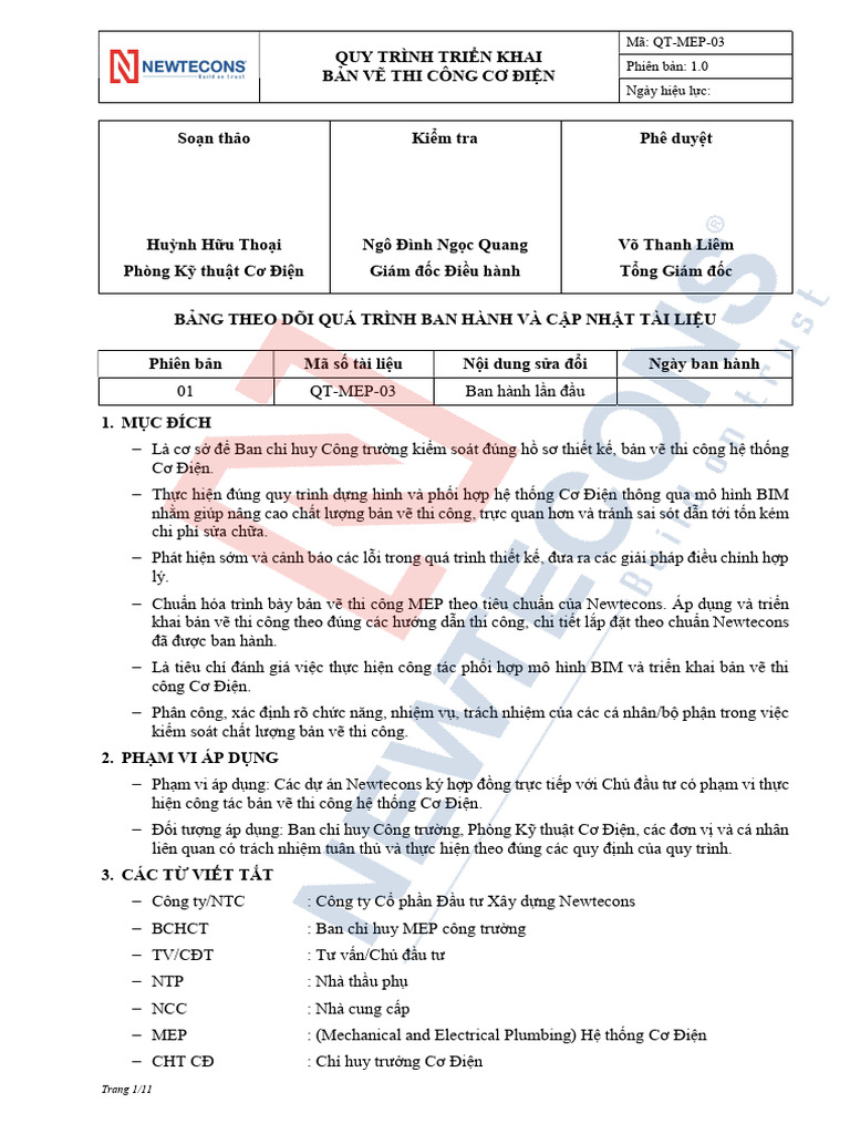 02.QT-MEP-03-Quy Trinh Trien Khai Ban Ve Thi Công Co Dien' | PDF