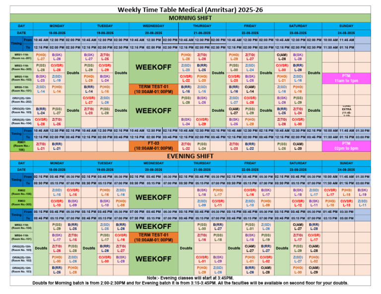 Medical Time Table 18 Aug 2025 To 24 Aug 2025 | PDF