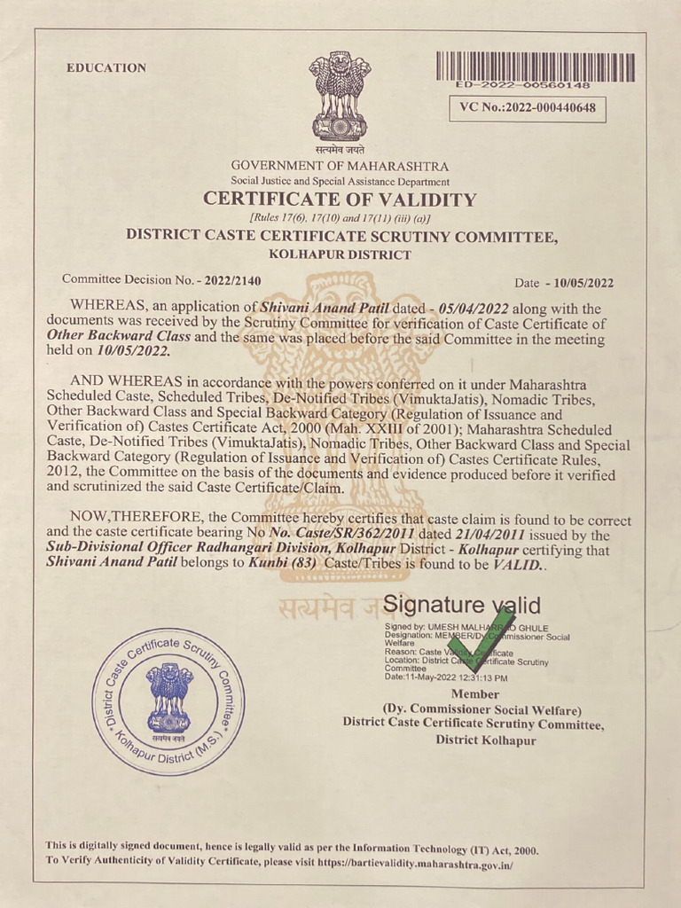 Kolhapur Caste Certificate Validity 2022 | PDF