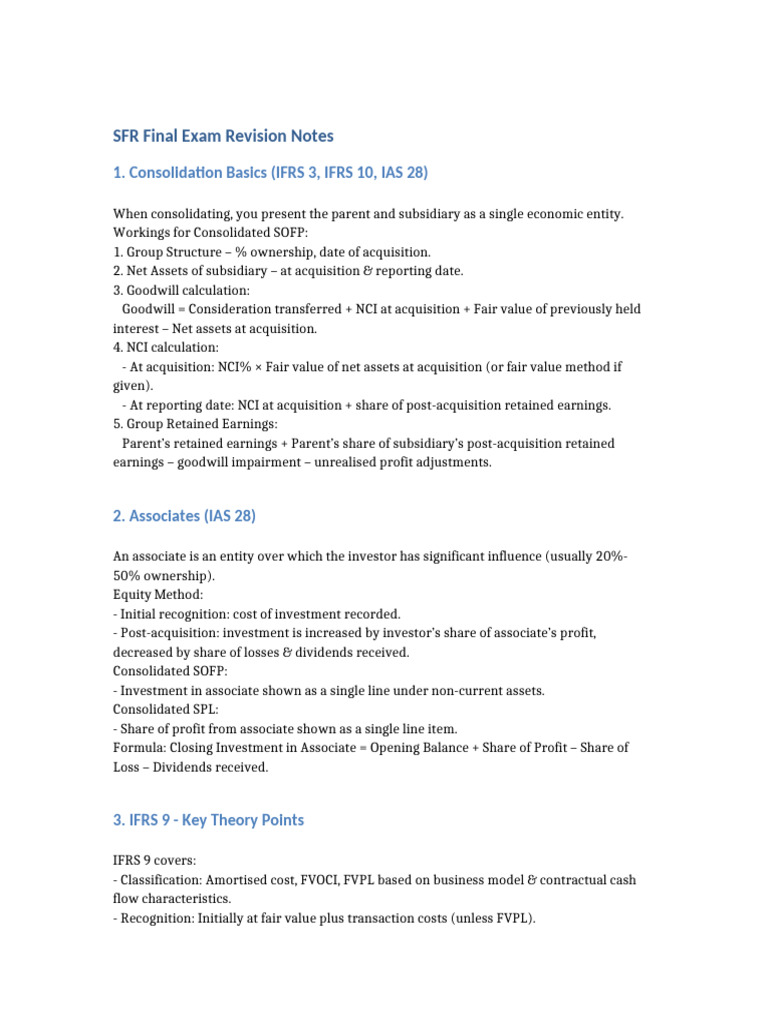 SFR Exam Notes: Consolidation & IFRS 9 | PDF | Goodwill (Accounting ...