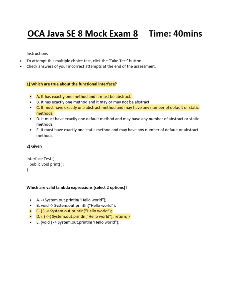 OCA Java SE 8 Mock Exam | PDF | Object Oriented Programming | Computer ...