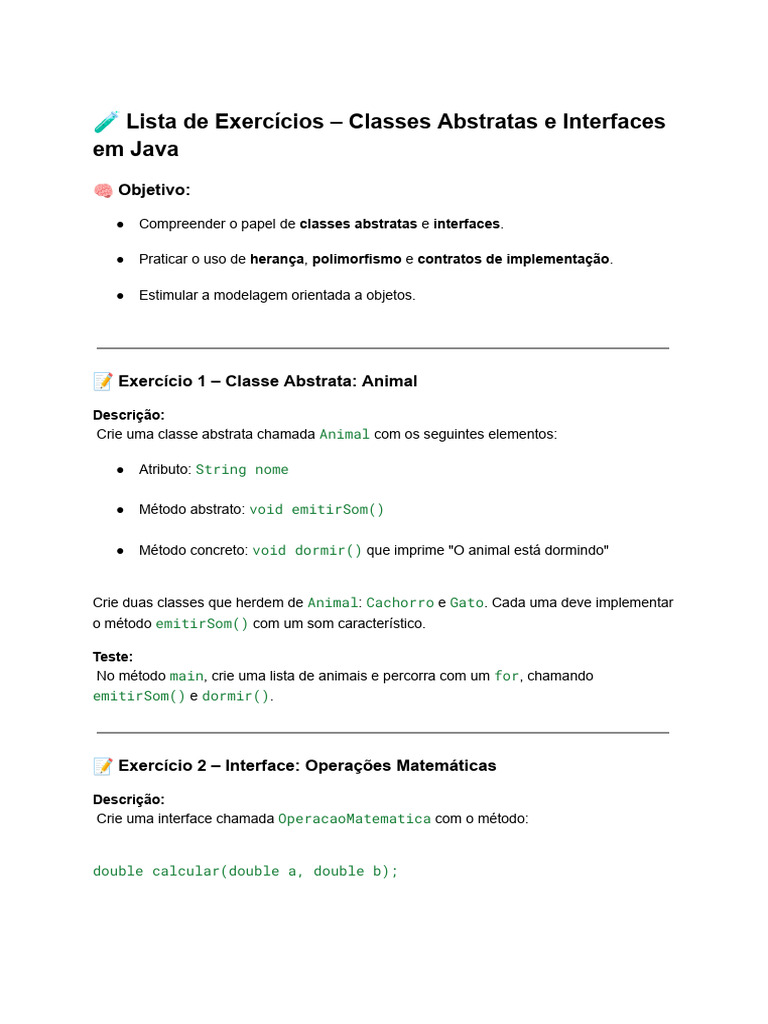 Exercícios de Java: Classes Abstratas e Interfaces | PDF | Classe ...