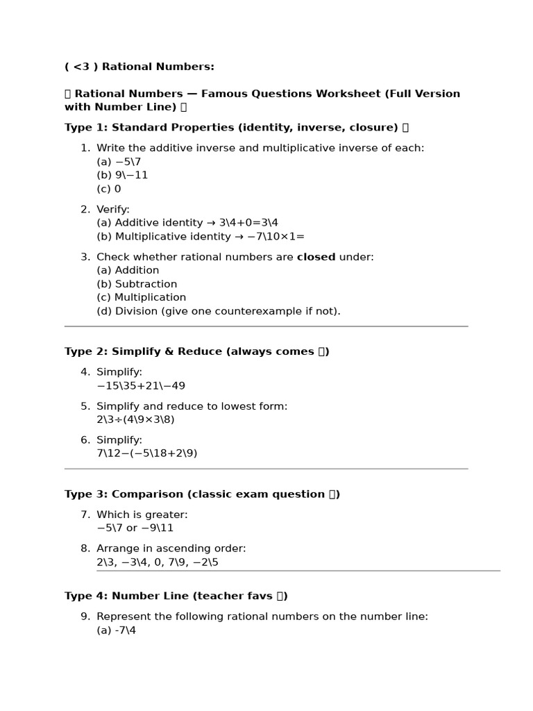 Rational Numbers & Linear Equations Worksheet | PDF