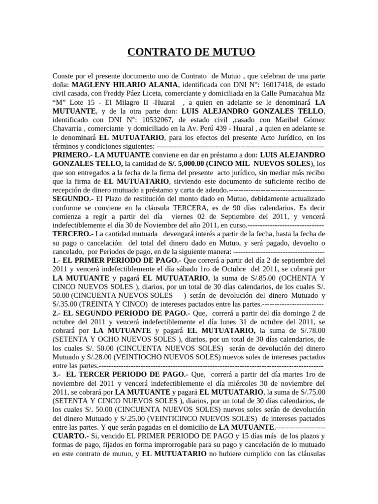 Contrato de Mutuo: Préstamo y Condiciones | PDF