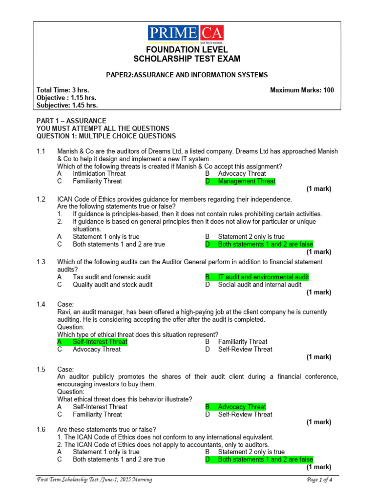 Assurance and Information Systems Test | PDF | Audit | Financial Audit