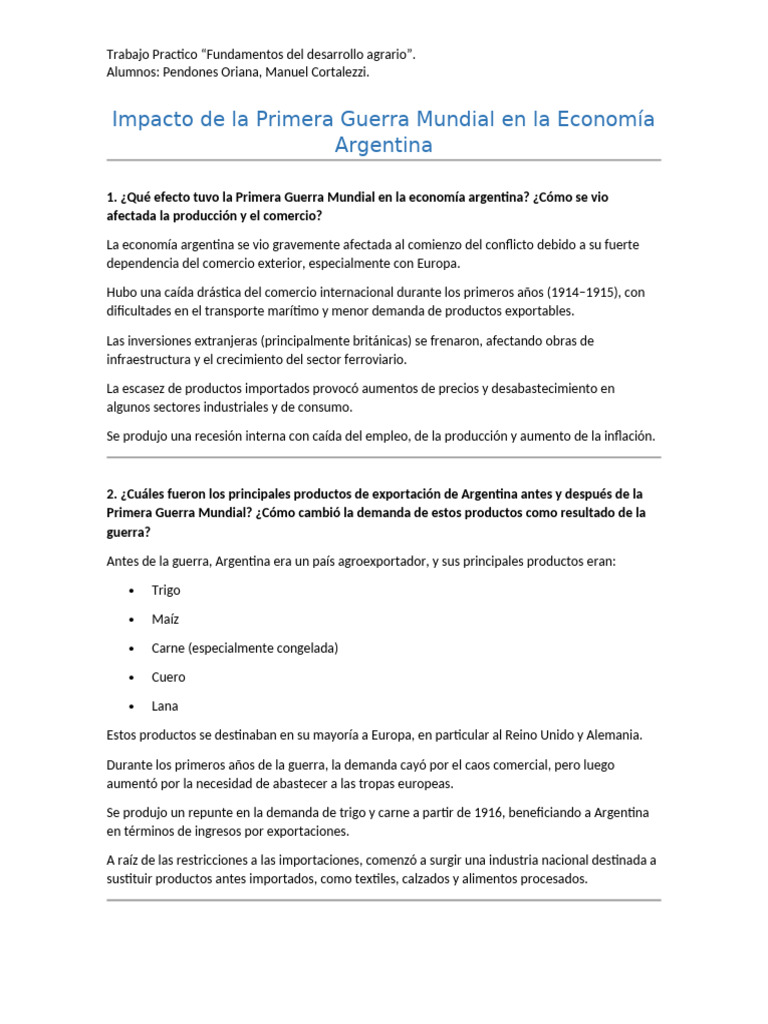 TP. Impacto de La Primera Guerra Mundial en La Economía Argentina | PDF ...