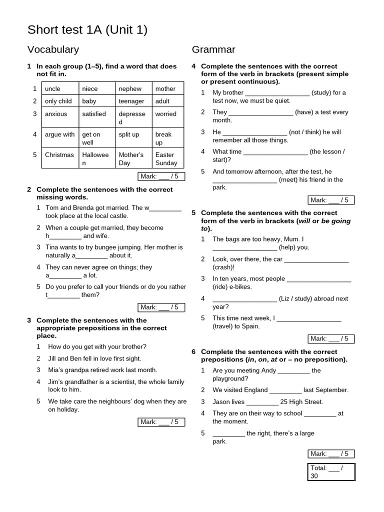 Unit 1 Short Test Overview | PDF