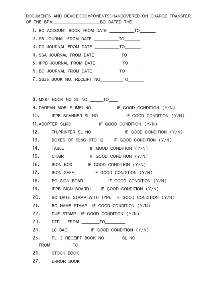 Charge Transfer Handover Checklist | PDF