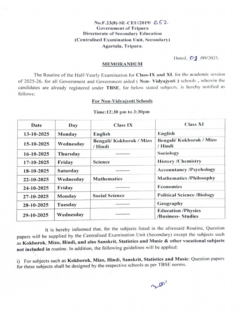 Routine Half Yearly Exam Class 9 & 11, 2025-26 | PDF
