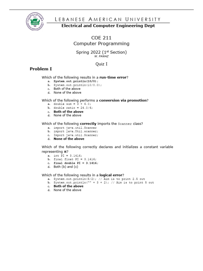 Quiz on Java Programming Concepts | PDF | Computer Science | Software ...
