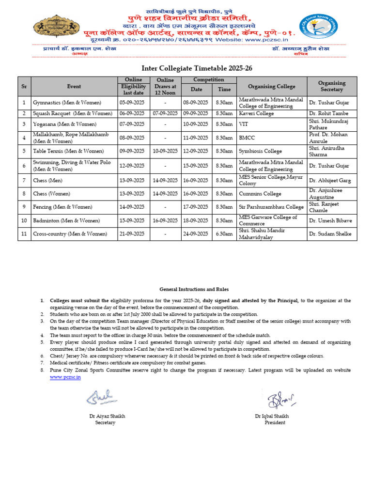 Inter Collegiate Sports Timetable 2025-26 | PDF | Chess | Sports