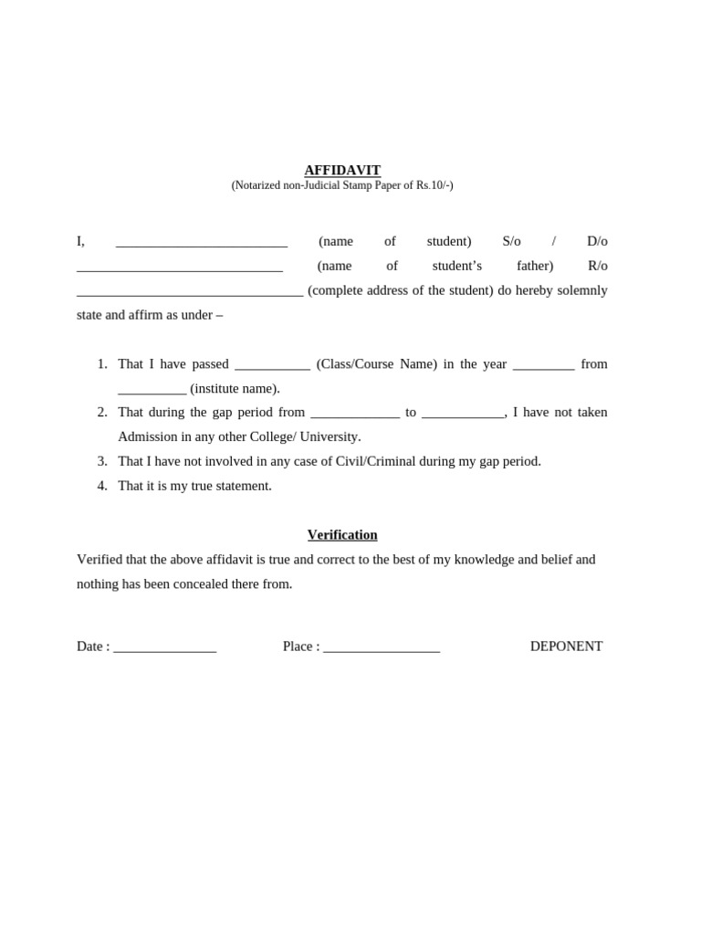 Student Affidavit Template for Gap Year | PDF