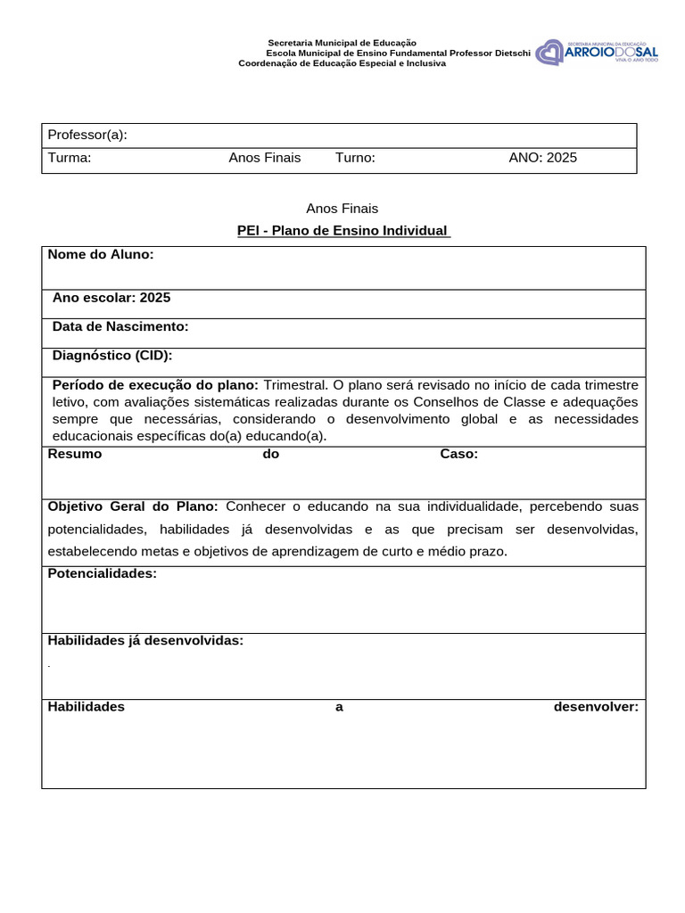 Plano de Ensino Individual 2025 | PDF | Educação Especial | Aprendizado