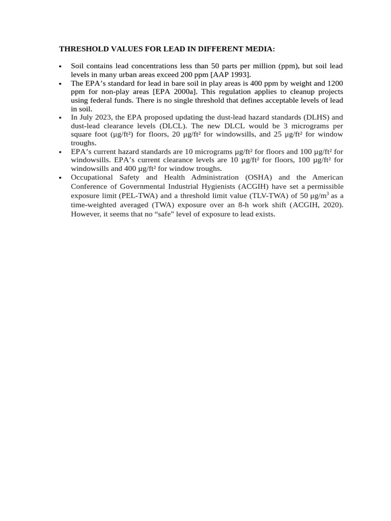 Lead Threshold Values in Various Media | PDF