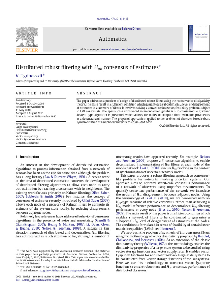Distributed Robust Filtering with H∞ Consensus | PDF | Matrix ...