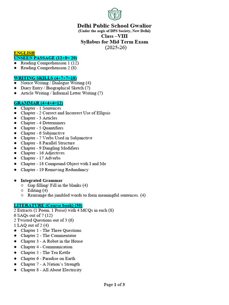 Class 8 Mid Term Syllabus 2025-26 | PDF | Linguistics | Linguistic ...