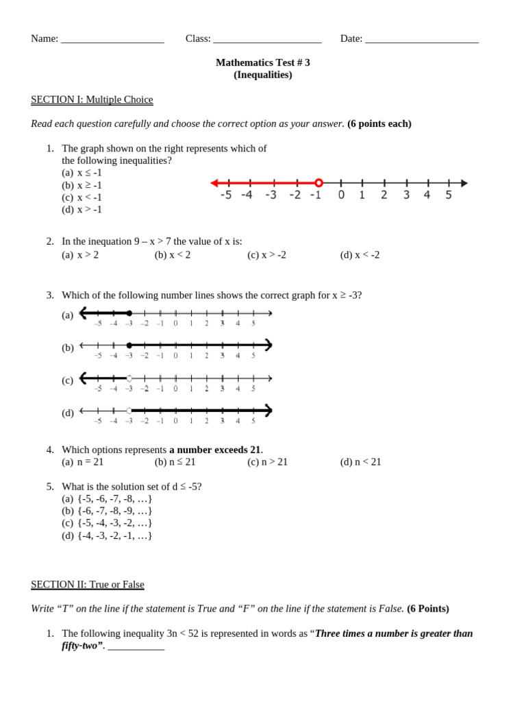 Math Test # 3 (Inequalities) | PDF