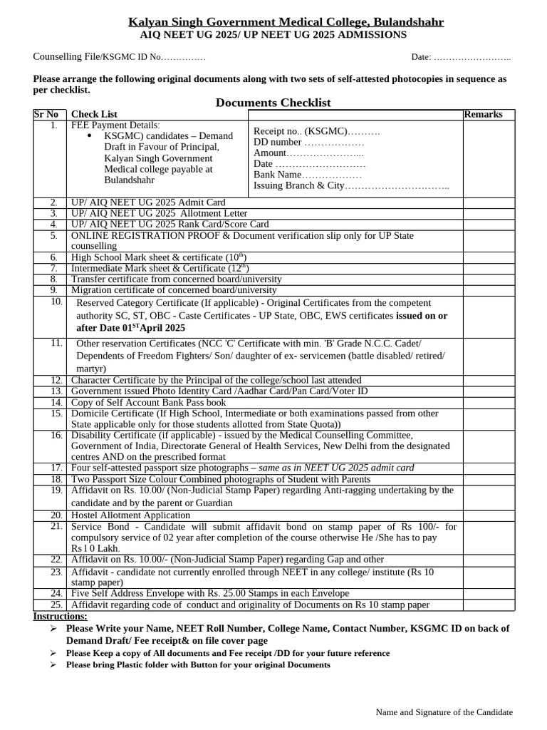 NEET UG 2025 Admission Document Checklist | PDF | Identity Document
