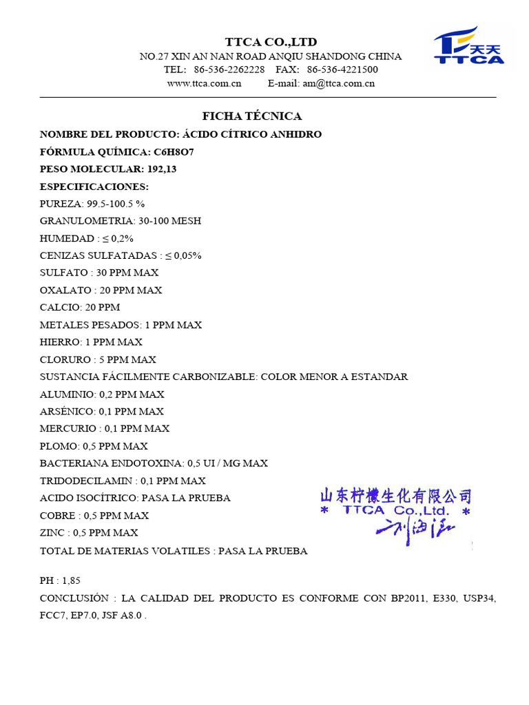 Ficha Técnica de Ácido Cítrico TTCA | PDF