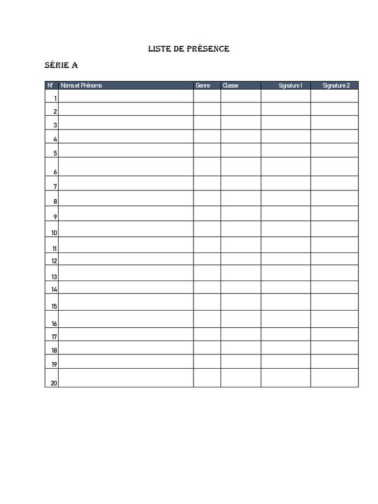 Liste De Pr sence Par S rie PDF