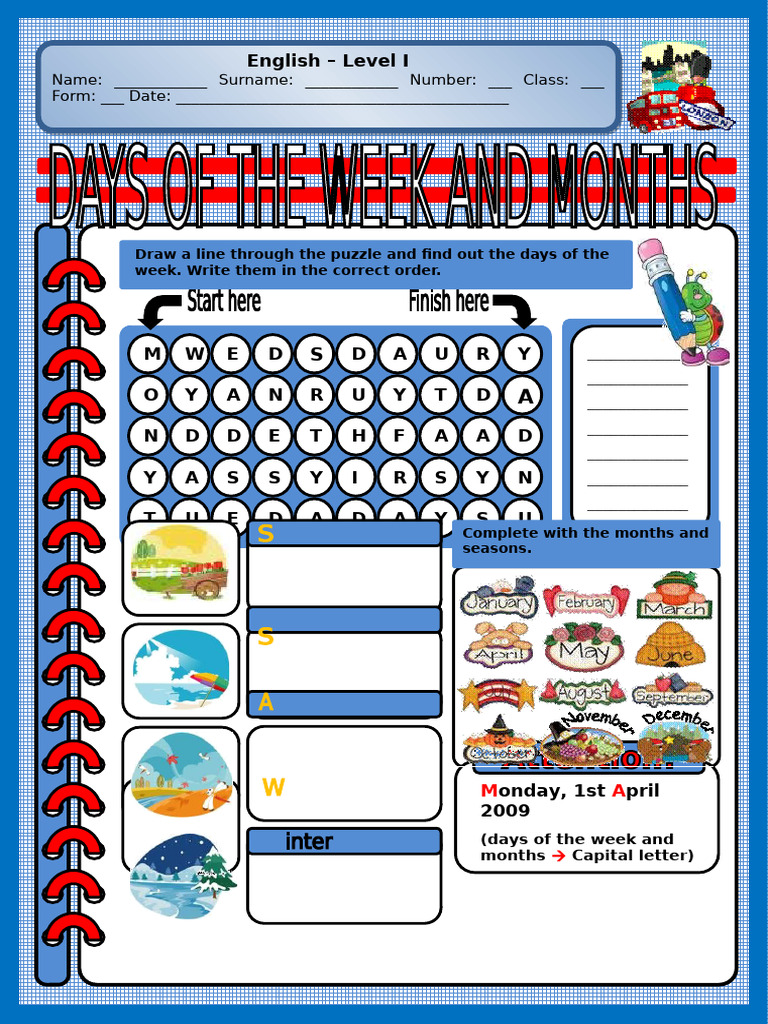 English Level I Days and Months Worksheet | PDF