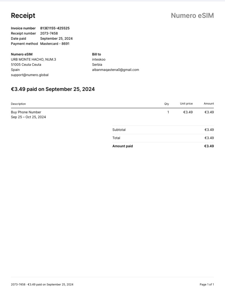 eSIM Purchase Receipt - €3.49 Payment | PDF