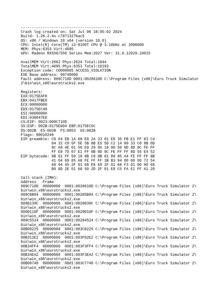 Euro Truck Simulator 2 Crash Log Analysis | PDF | Microsoft Windows ...