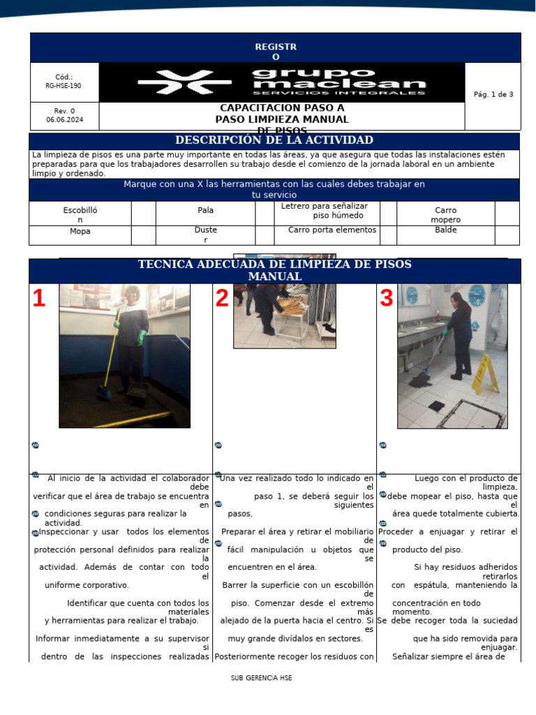 RG-HSE-190 Registro de Capacitación Paso A Paso Limpieza Manual de ...
