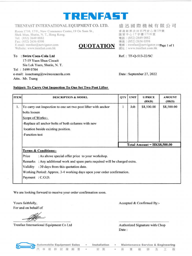 Q513.22 Quotation of Replace All Anchor Bolts of Both Column With New ...